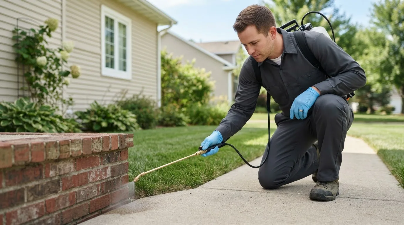 Pest control technician treating a home near Cold Spring Harbor, NY